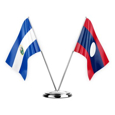 Two table flags isolated on white background 3d illustration, el salvador and laos