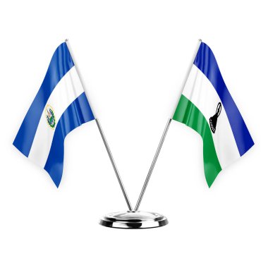 Two table flags isolated on white background 3d illustration, el salvador and lesotho