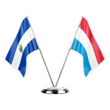 Two table flags isolated on white background 3d illustration, el salvador and luxembourg