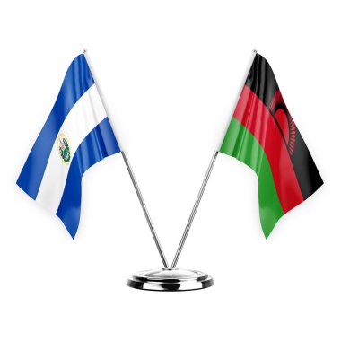 Two table flags isolated on white background 3d illustration, el salvador and malawi