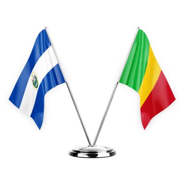 Two table flags isolated on white background 3d illustration, el salvador and mali