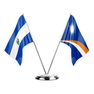 Two table flags isolated on white background 3d illustration, el salvador and marshall islands