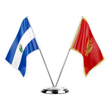 Two table flags isolated on white background 3d illustration, el salvador and montenegro