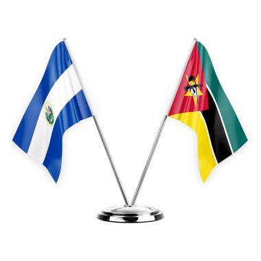 Two table flags isolated on white background 3d illustration, el salvador and mozambique