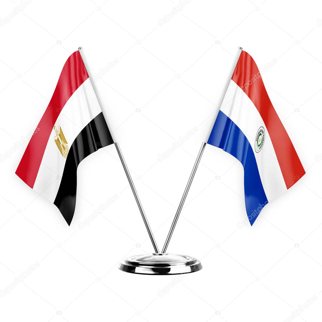 Two table flags isolated on white background 3d illustration, egypt and paraguay