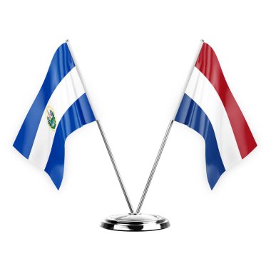 Two table flags isolated on white background 3d illustration, el salvador and netherlands