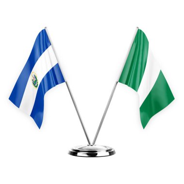 Two table flags isolated on white background 3d illustration, el salvador and nigeria