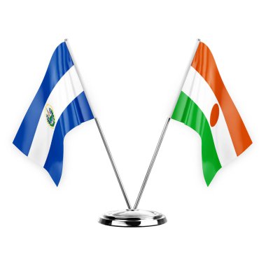 Two table flags isolated on white background 3d illustration, el salvador and niger
