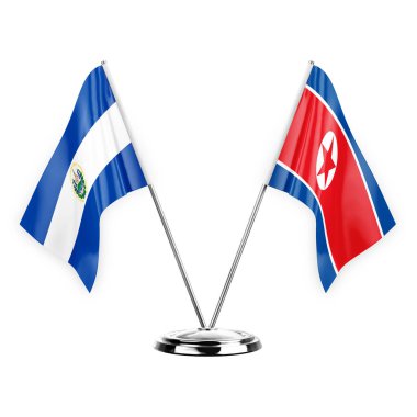 Two table flags isolated on white background 3d illustration, el salvador and north korea