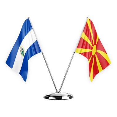Two table flags isolated on white background 3d illustration, el salvador and north macedonia