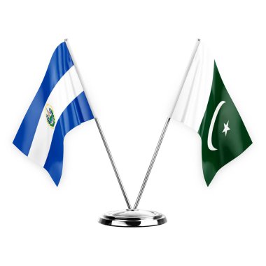 Two table flags isolated on white background 3d illustration, el salvador and pakistan
