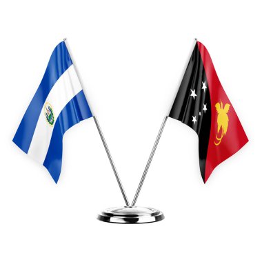 Two table flags isolated on white background 3d illustration, el salvador and papua new guinea