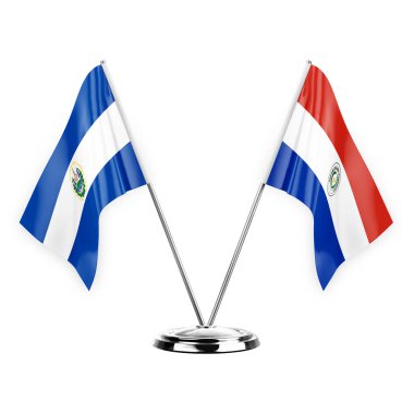 Two table flags isolated on white background 3d illustration, el salvador and paraguay