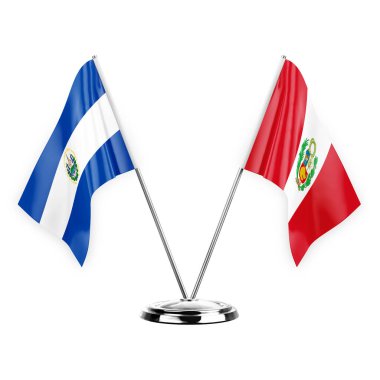 Two table flags isolated on white background 3d illustration, el salvador and peru