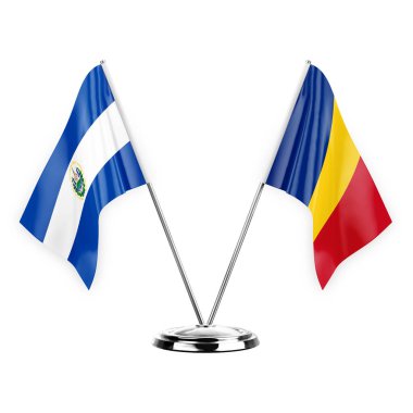 Two table flags isolated on white background 3d illustration, el salvador and romania