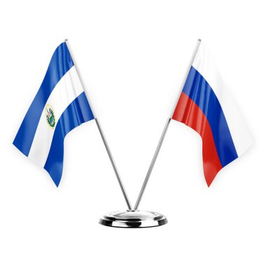 Two table flags isolated on white background 3d illustration, el salvador and russia