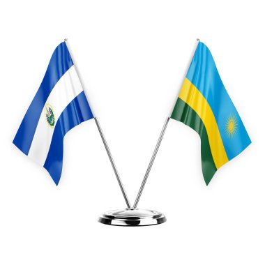 Two table flags isolated on white background 3d illustration, el salvador and rwanda