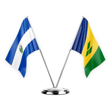 Two table flags isolated on white background 3d illustration, el salvador and saint vincent and the grenadines