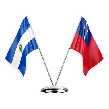 Two table flags isolated on white background 3d illustration, el salvador and samoa