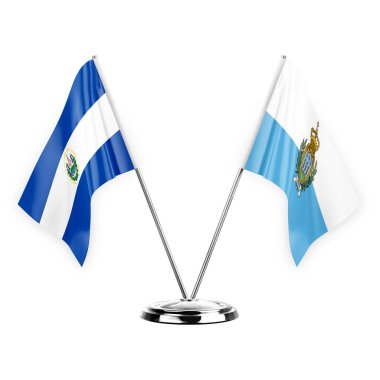 Two table flags isolated on white background 3d illustration, el salvador and san marino