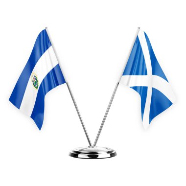 Two table flags isolated on white background 3d illustration, el salvador and scotland
