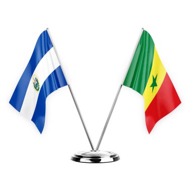 Two table flags isolated on white background 3d illustration, el salvador and senegal