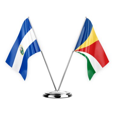 Two table flags isolated on white background 3d illustration, el salvador and seychelles