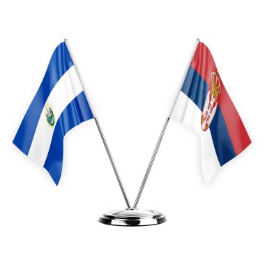 Two table flags isolated on white background 3d illustration, el salvador and serbia