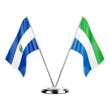 Two table flags isolated on white background 3d illustration, el salvador and sierra leone