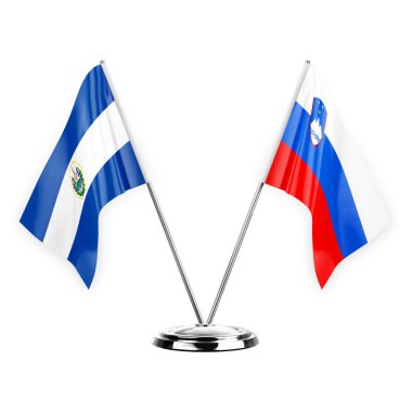 Two table flags isolated on white background 3d illustration, el salvador and slovenia