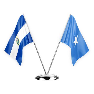 Two table flags isolated on white background 3d illustration, el salvador and somalia