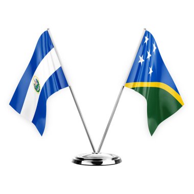 Two table flags isolated on white background 3d illustration, el salvador and solomon islands