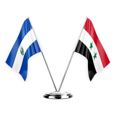 Two table flags isolated on white background 3d illustration, el salvador and syria