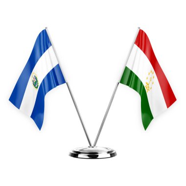Two table flags isolated on white background 3d illustration, el salvador and tajikistan