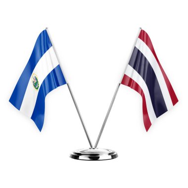 Two table flags isolated on white background 3d illustration, el salvador and thailand
