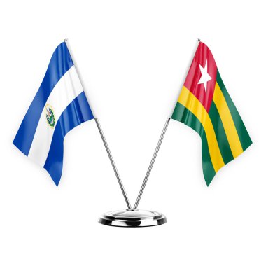 Two table flags isolated on white background 3d illustration, el salvador and togo
