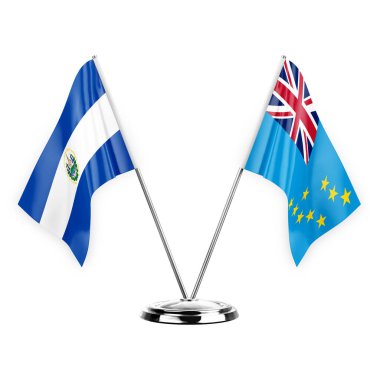 Two table flags isolated on white background 3d illustration, el salvador and tuvalu
