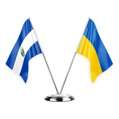 Two table flags isolated on white background 3d illustration, el salvador and ukraine