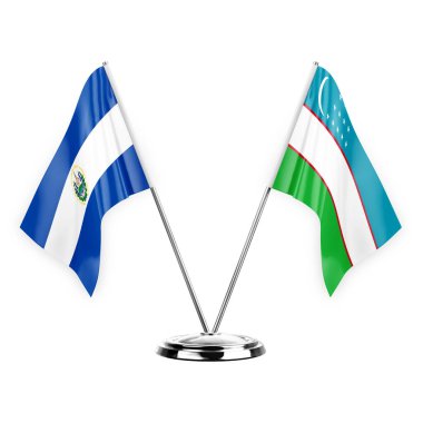 Two table flags isolated on white background 3d illustration, el salvador and uzbekistan