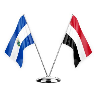 Two table flags isolated on white background 3d illustration, el salvador and yemen