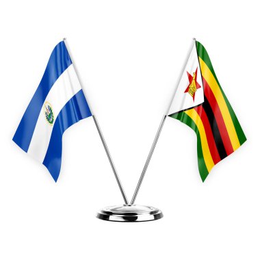 Two table flags isolated on white background 3d illustration, el salvador and zimbabwe