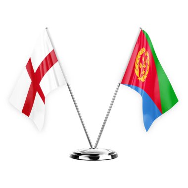 Two table flags isolated on white background 3d illustration, england and eritrea