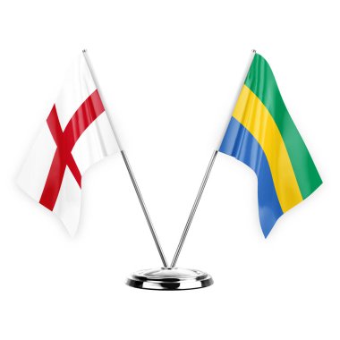 Two table flags isolated on white background 3d illustration, england and gabon