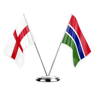 Two table flags isolated on white background 3d illustration, england and gambia