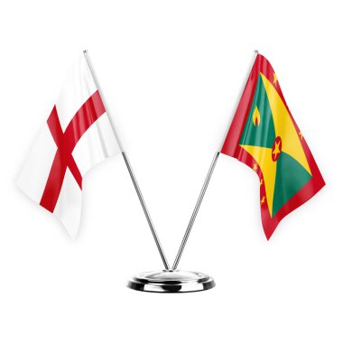 Two table flags isolated on white background 3d illustration, england and grenada