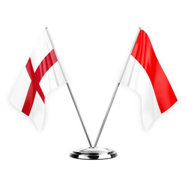 Two table flags isolated on white background 3d illustration, england and indonesia