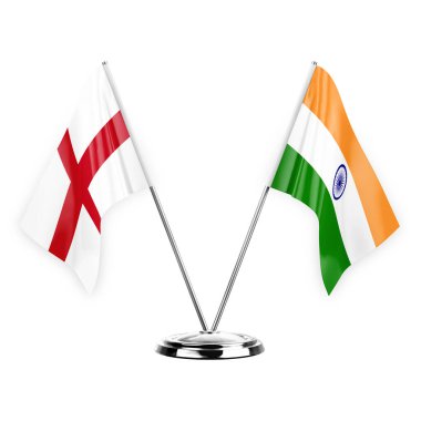 Two table flags isolated on white background 3d illustration, england and india