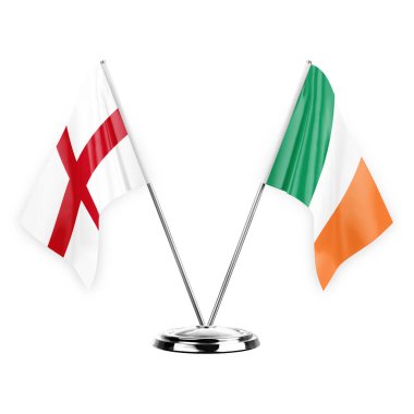 Two table flags isolated on white background 3d illustration, england and ireland