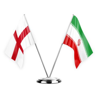 Two table flags isolated on white background 3d illustration, england and iran
