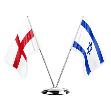 Two table flags isolated on white background 3d illustration, england and israel
